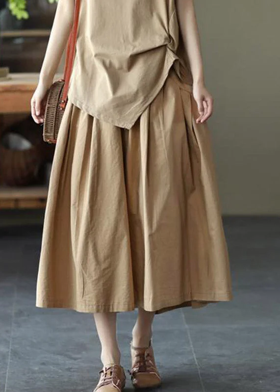 Spring Fashion Loose Khaki Pockets Wrinkled Elastic Waist Cotton Skirt Summer