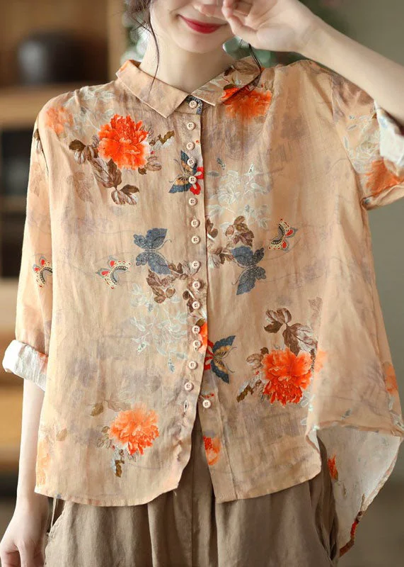 Must-have For Fashion Simple Orange Peter Pan Collar Print Button Cotton Blouse Tops Long Sleeve Must-have For Fashion Simple Orange Peter Pan Collar Print Button Cotton Blouse Tops Long Sleeve