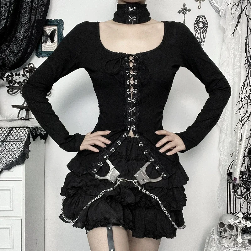 Versatile Items Women's Punk Eyelets Lace-up Long Sleeved Shirt