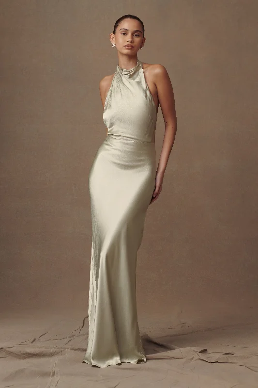Breathable Design Esther Iridescent Satin Cowl Maxi Dress - Sage