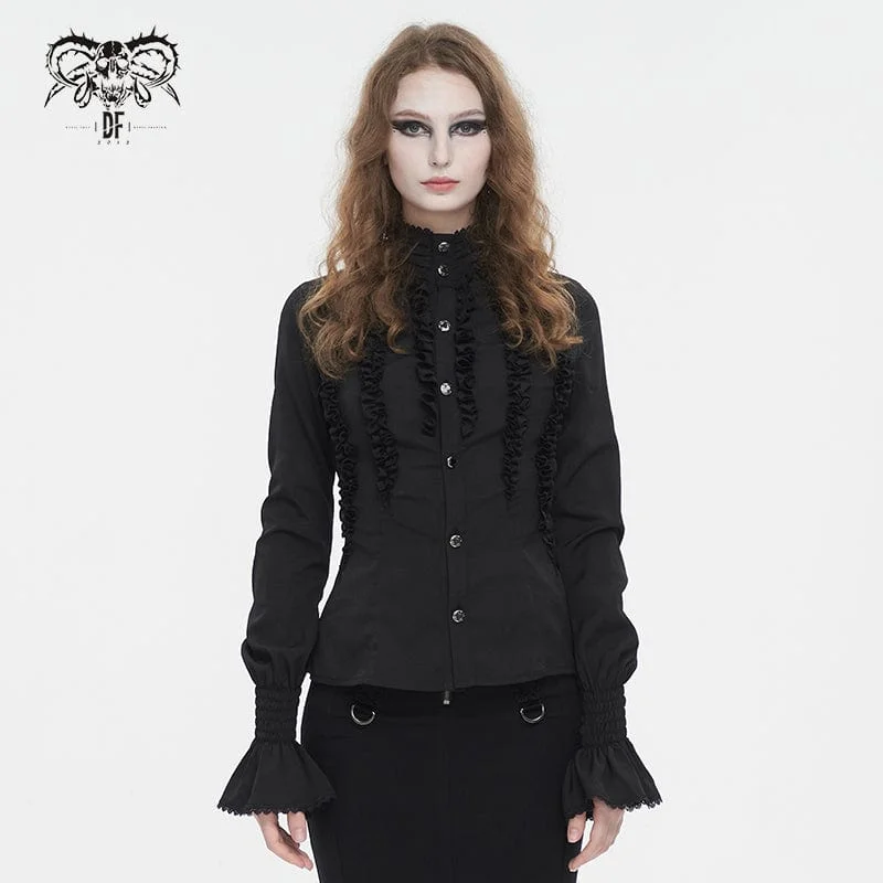 Exquisite Design Women's Gothic Stand Collar Ruffled Shirt Black