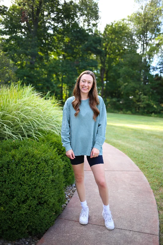 Retro Fashion Mineral Washed Green Long Sleeve Top | Boutique Elise | Makenna