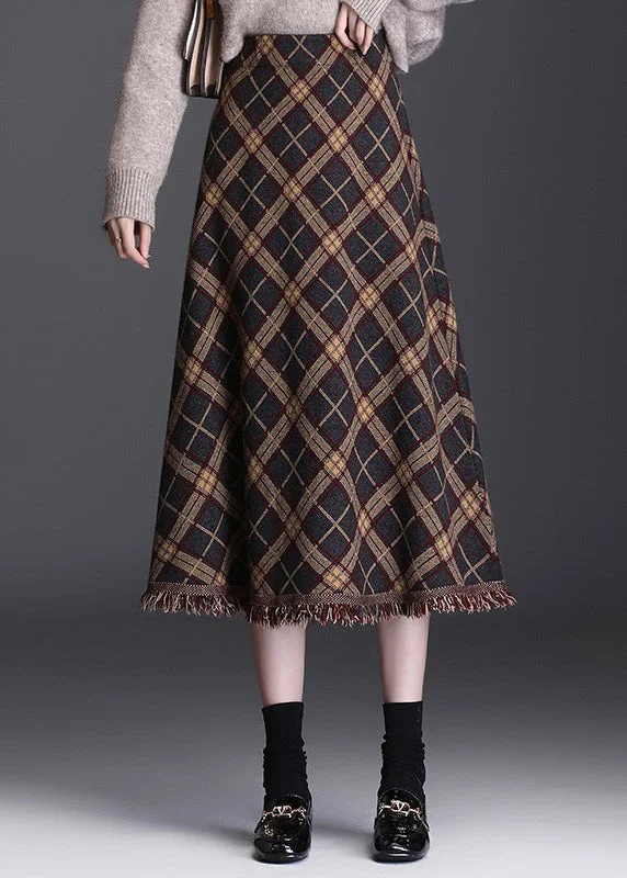 Retro Prints Women Brown Tasseled Plaid Knit Skirts Winter