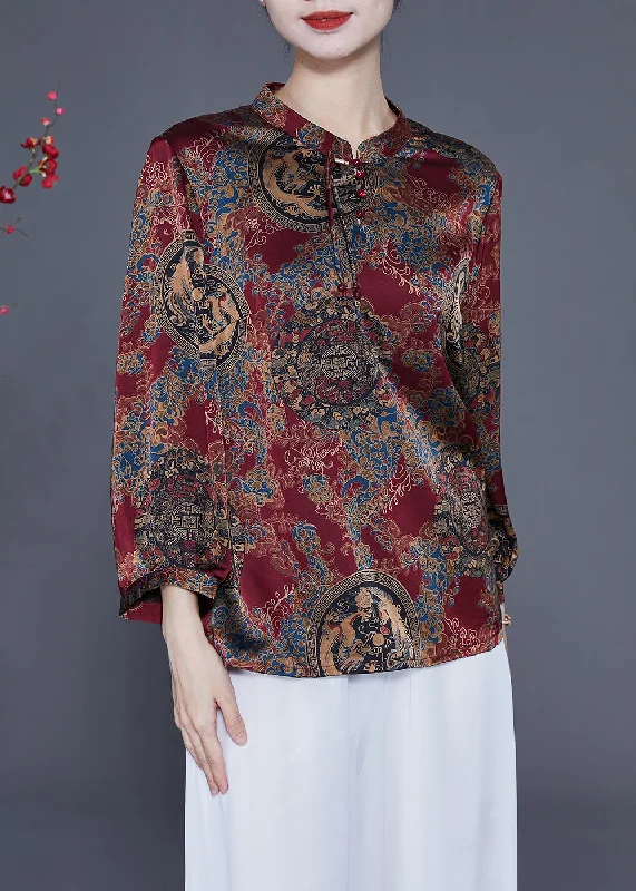 British Style Boutique Red Stand Collar Print Silk Blouse Tops Spring