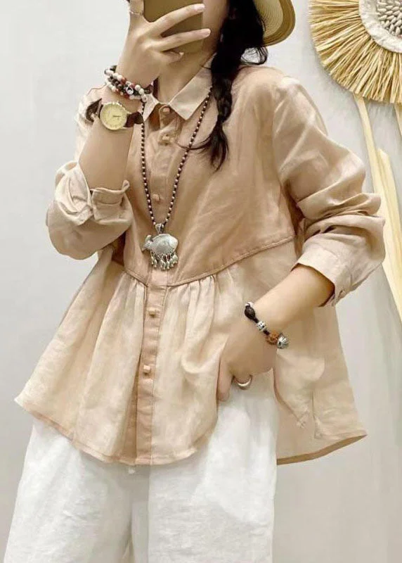 Classic Style French Pink Peter Pan Collar Wrinkled Patchwork Linen Top Long Sleeve