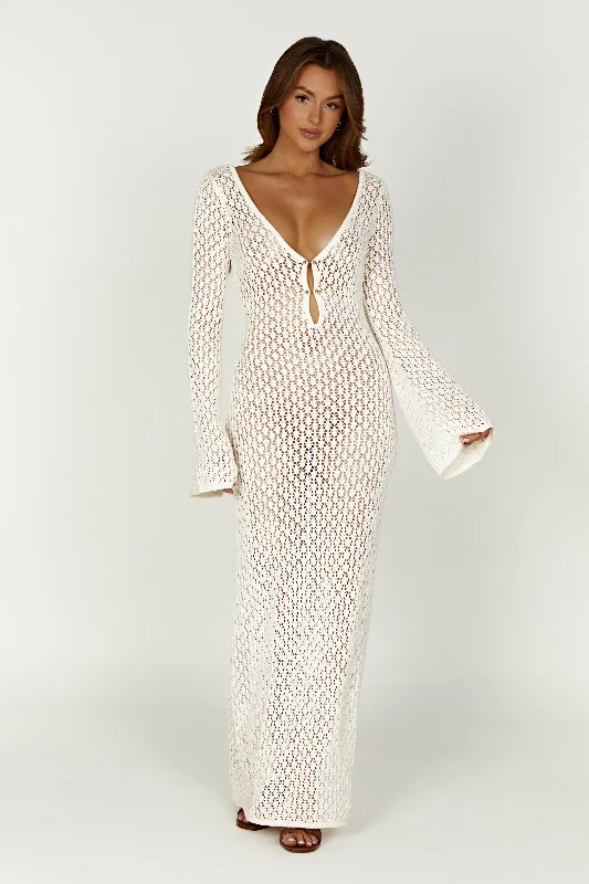 Street Cool Kayleigh Crochet Fishtail Flare Sleeve Maxi Dress - White