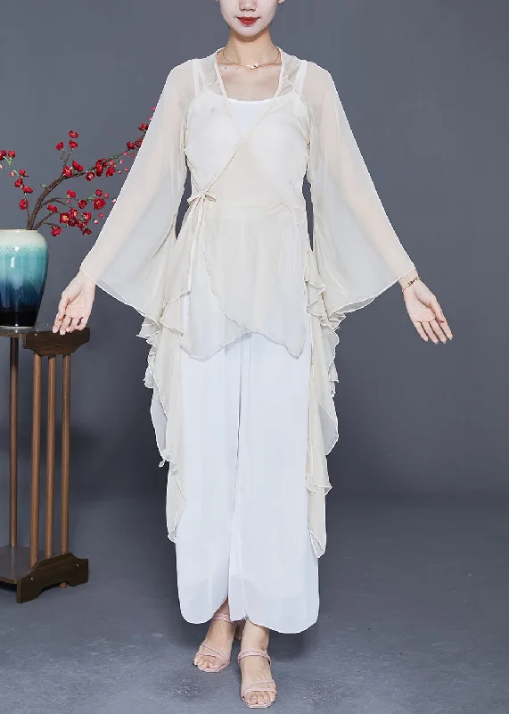 Fashion Classic Stylish White V Neck Lace Up Flare Sleeve Chiffon Top Summer