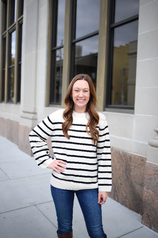 Classic And Versatile Ivory and Black Stripe Button Detail Sweater | Boutique Elise | Rylan Classic And Versatile Ivory and Black Stripe Button Detail Sweater | Boutique Elise | Rylan