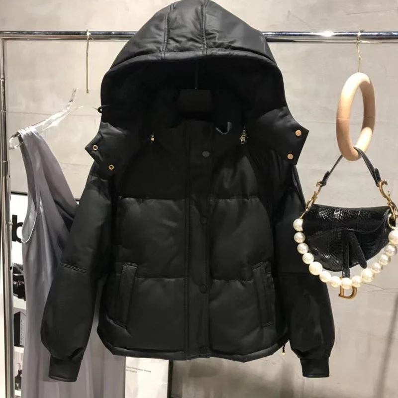 Exquisite Design Ladies Genuine Sheep Leather Down Coat Hooded