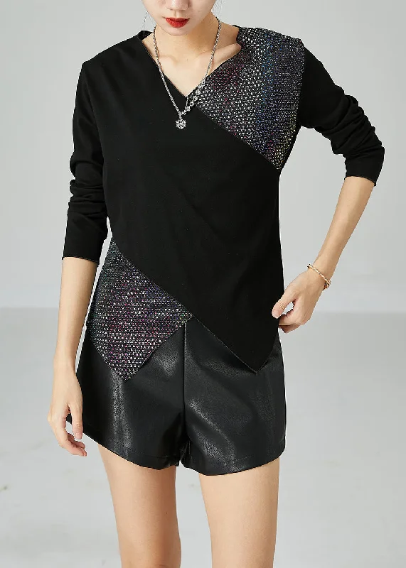 Simple Matching Slim Fit Black V Neck Patchwork Zircon Cotton Blouses Spring