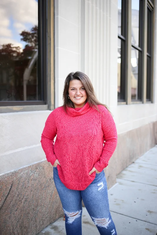 French Style Bright Pink Waffle Cowl-Neck Sweater | Boutique Elise | Maya