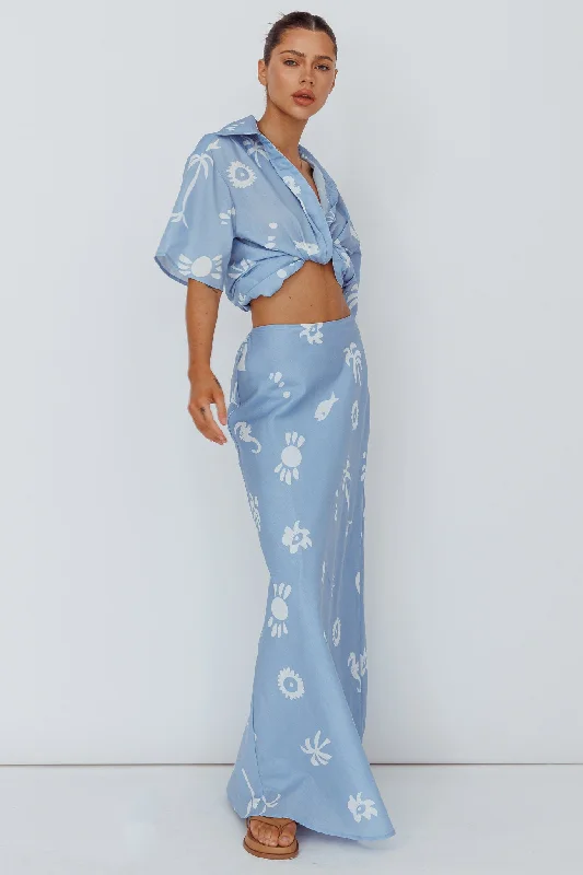French Style Light Aura Maxi Skirt Print Blue White