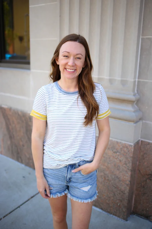 Fresh And Capable Navy and Yellow Stripe Short Sleeve Top | Boutique Elise | Darcy