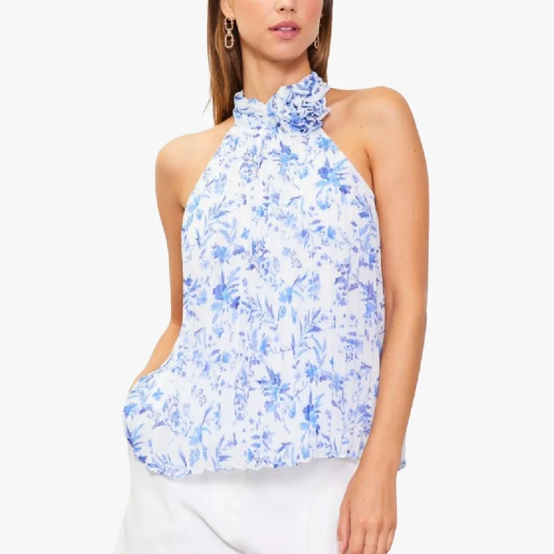 Celebrity Must-have Pleated Halter Top with Rosette (French Blue)