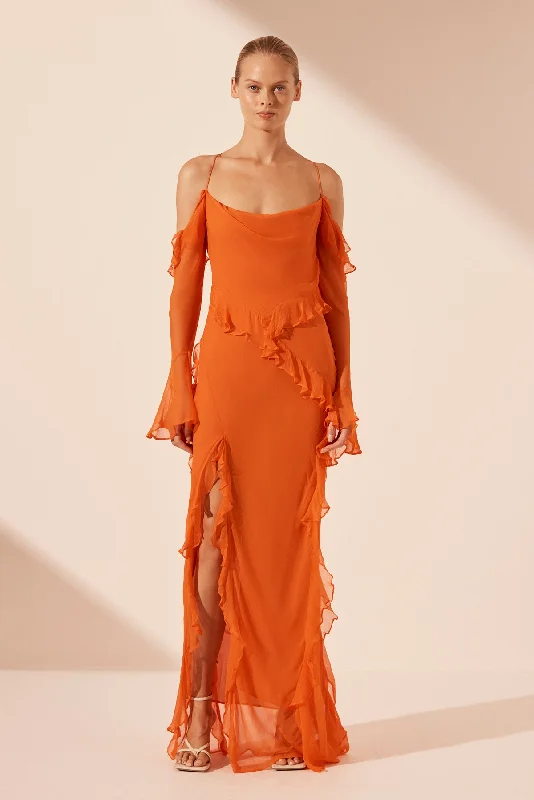 Personalized Wear LAYLA LONG SLEEVE RUFFLE MAXI DRESS - FLAME ORANGE