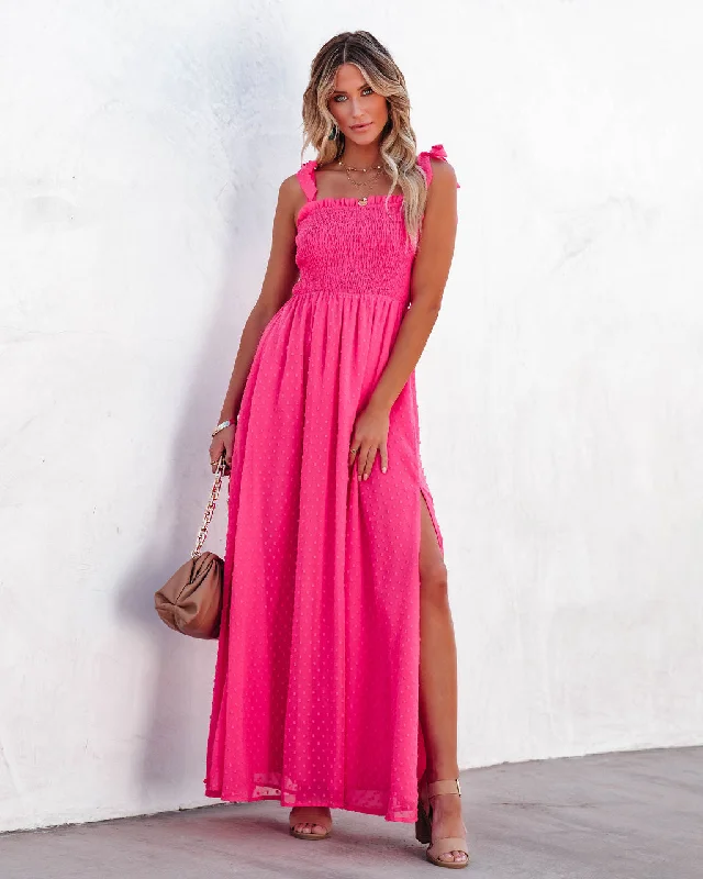 Perfect Tailoring Hazelle Smocked Swiss Dot Maxi Dress - Fuchsia
