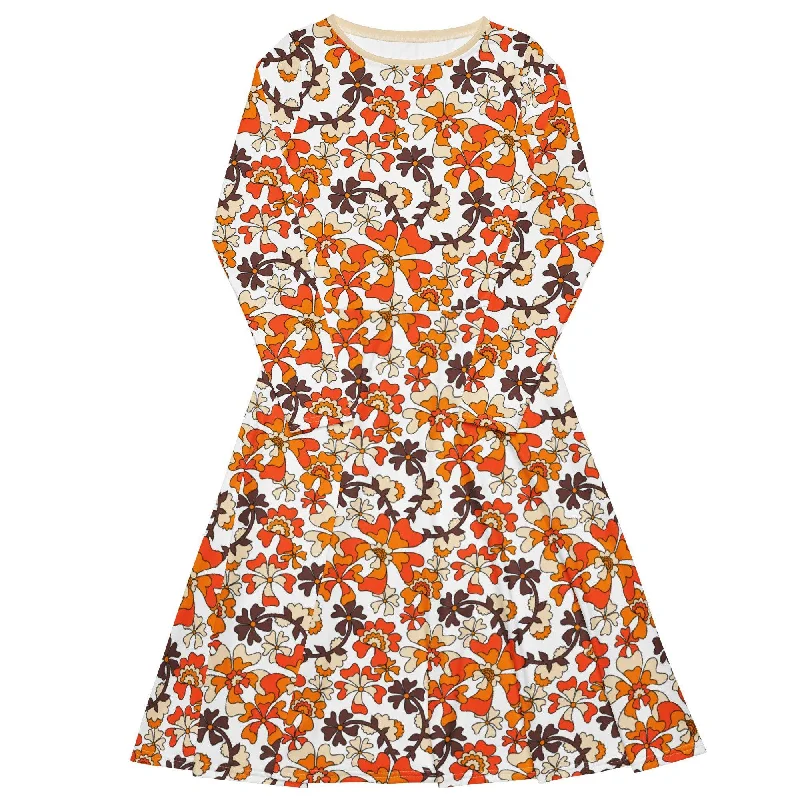 Age-reducing Style MISS PENNY orange white - Midi dress with long sleeves and pockets