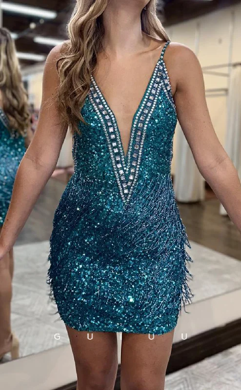Modern Tailoring GH640 - Sexy Hot Deep V-Neck Sequins Beaded Fringed Homecoming Dress