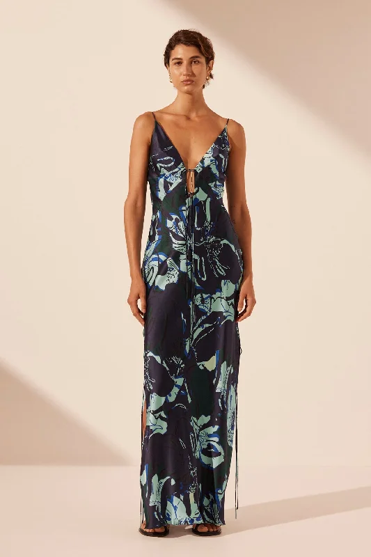 Noble And Elegant FRANCO SILK PLUNGED SLIP TIE MAXI DRESS