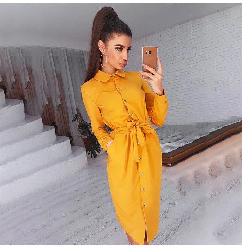 Comfortable Mind Growth Satin Button Down Shirt Dress - Marigold