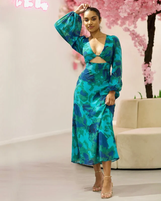 Sports Trend Kora Chiffon Midi Dress - Green/Blue Print