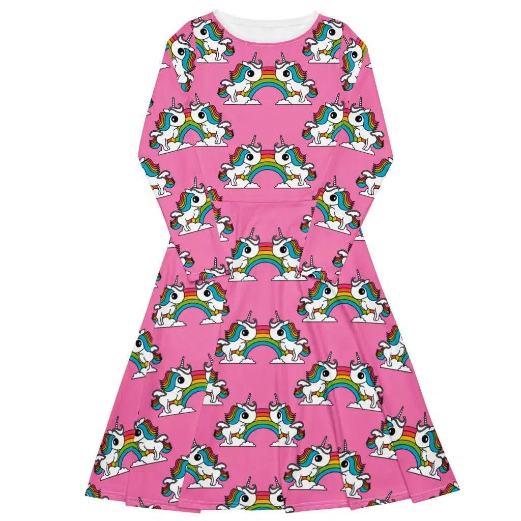 Goddess Style UNIQUE pink - Midi dress with long sleeves and pockets with unicorns and rainbows Goddess Style UNIQUE pink - Midi dress with long sleeves and pockets with unicorns and rainbows