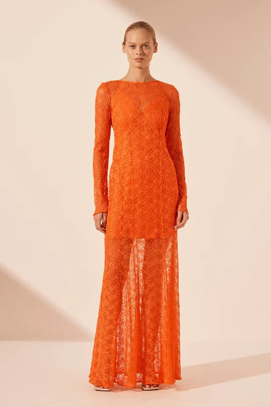 Classic Color SOL LACE OPEN BACK MAXI DRESS - FLAME