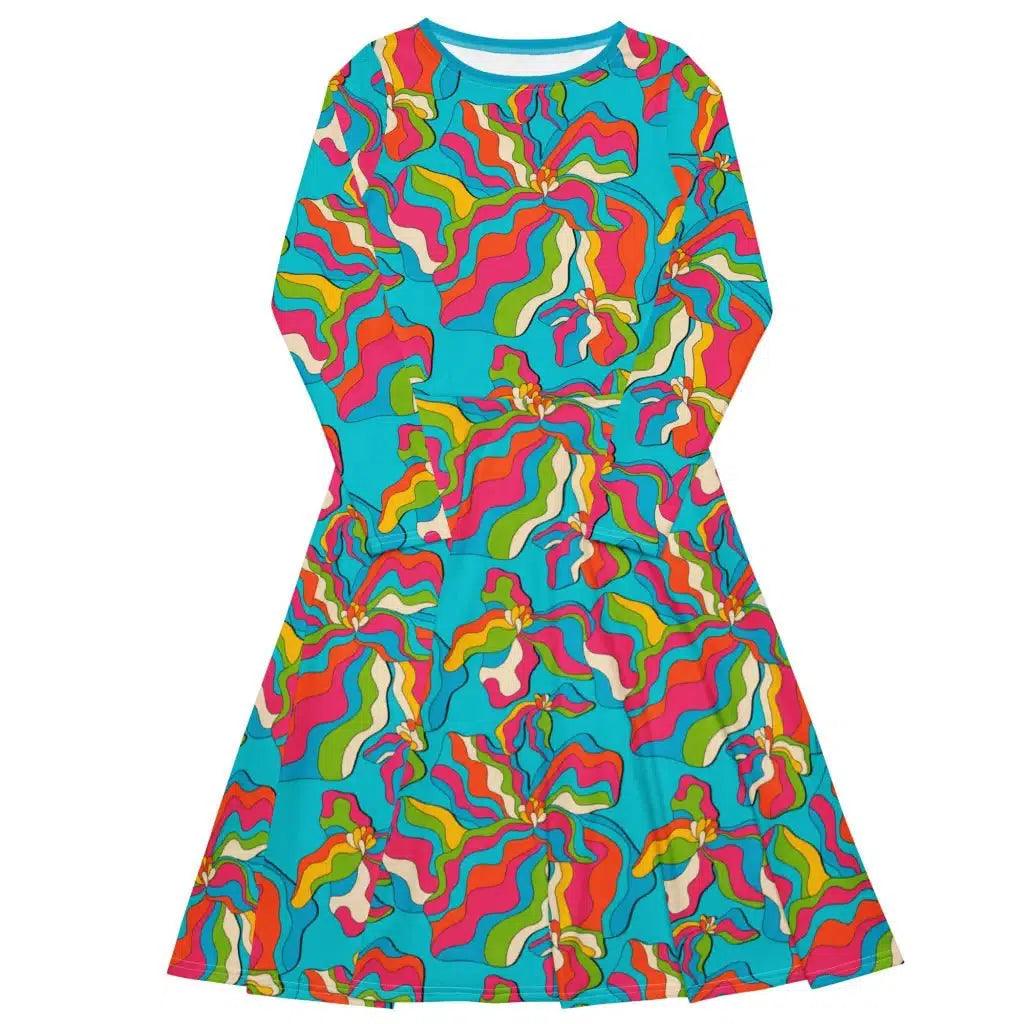 Unique Prints SASSY IRIS turquoise - Midi dress with long sleeves and pockets