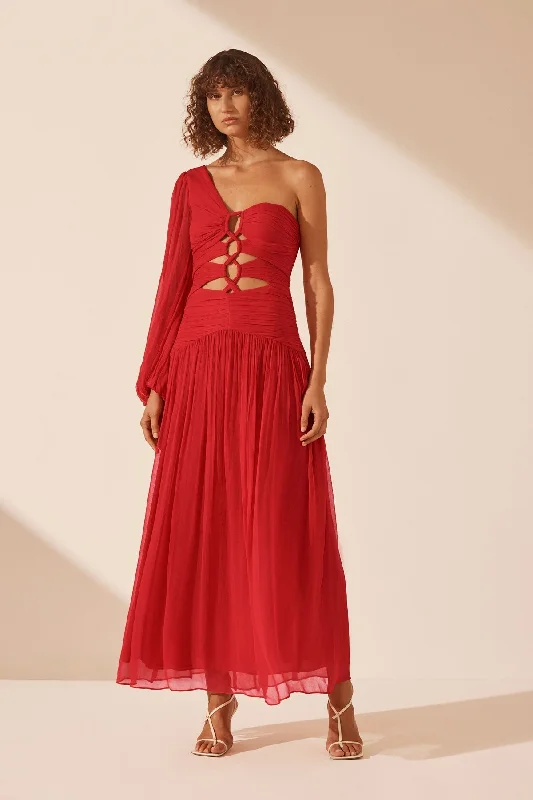 Avant-garde Design MARGOT LONG SLEEVE ONE SHOULDER LACE UP MAXI DRESS - SAILOR RED