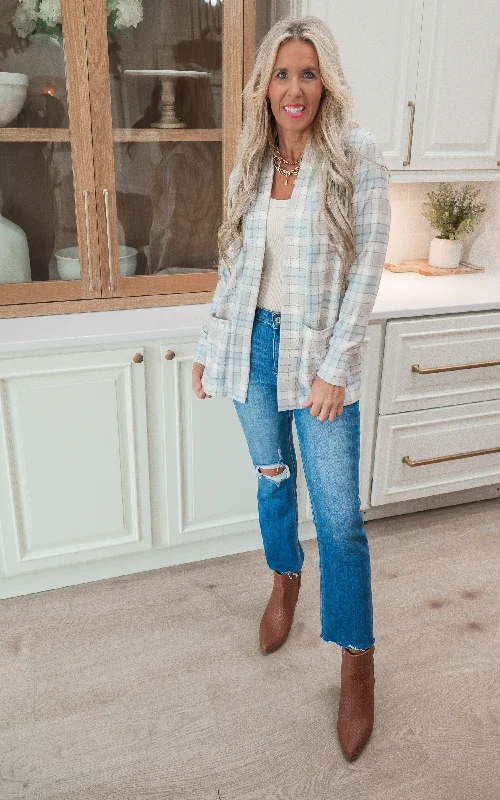 Luxury Style Forever Favorite Plaid Cardigan in Ivory Mocha Blue #1 | Salty Wave DEAL