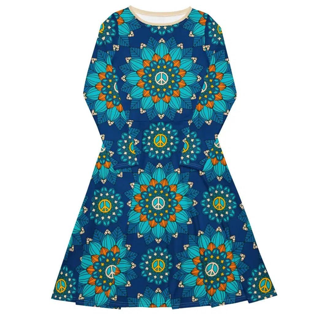 Perfect Tailoring BLOOM WITH PEACE orange blue - Midi dress with long sleeves and pockets Perfect Tailoring BLOOM WITH PEACE orange blue - Midi dress with long sleeves and pockets