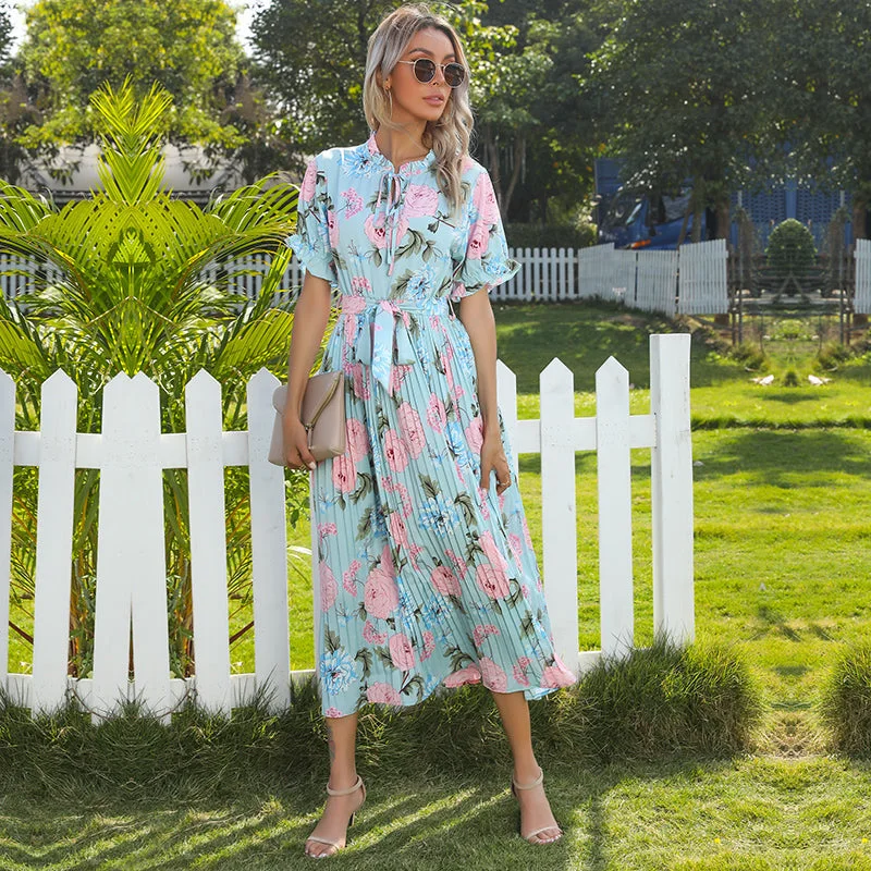 Personalized Wear KittenAlarm - Floral Print Tie & Ruffle Neck Pleated A-line Dress