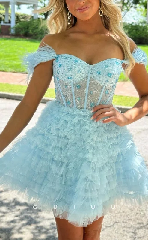 Stretch Design GH613 - Sexy & Hot Ball Gown Sweeetheart Sheer Feather Off-Shoulder Beaded Homecoming Dress Stretch Design GH613 - Sexy & Hot Ball Gown Sweeetheart Sheer Feather Off-Shoulder Beaded Homecoming Dress