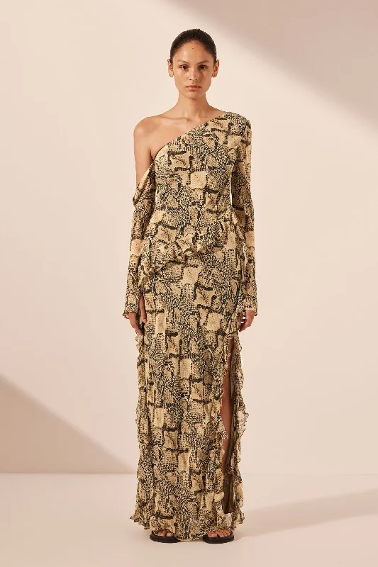 Exquisite Fabrics HADIYA ASYMMETRICAL LONG SLEEVE RUFFLE MAXI DRESS