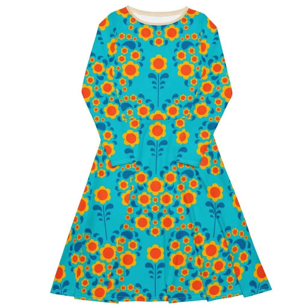 Minimal Style HEARTBEAT orange blue - Midi dress with long sleeves and pockets
