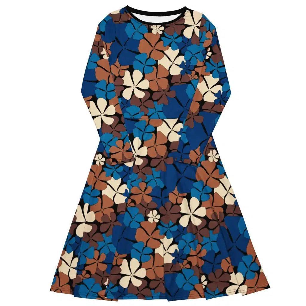 Multifunctional Style ADELIE blue brown - Midi dress with long sleeves and pockets