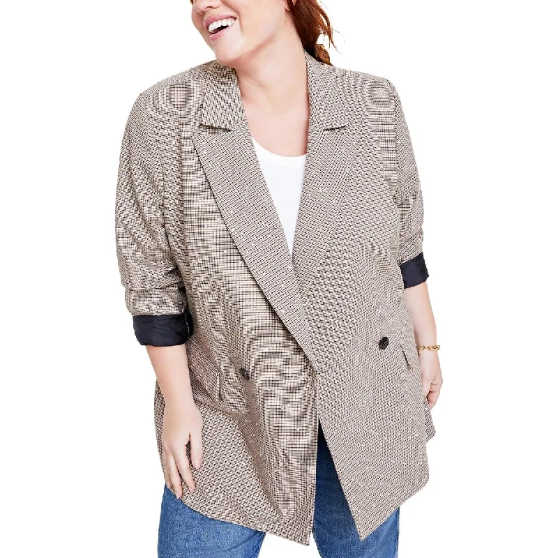 Exquisite Embroidery On 34th Womens Plus Sequined Plaid Double-Breasted Blazer