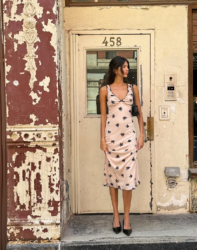 Personalized Wear Gandira Midi Dress in Cluster Ditsy Floral Flock Nude
