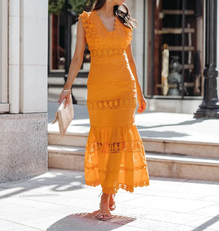Stretch Design Jade Cotton Eyelet Tiered Maxi Dress - Tangerine - FINAL SALE