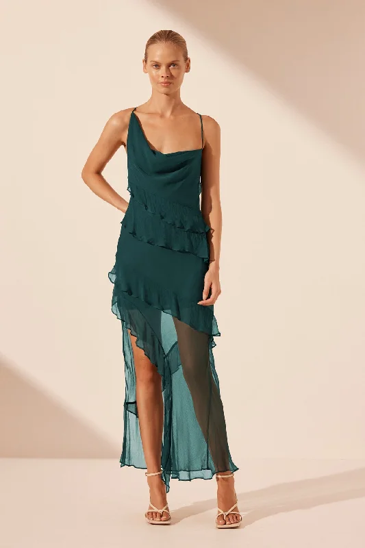 Fashion Classic LAYLA ASYMMETRICAL RUFFLE MAXI DRESS - DARK TEAL