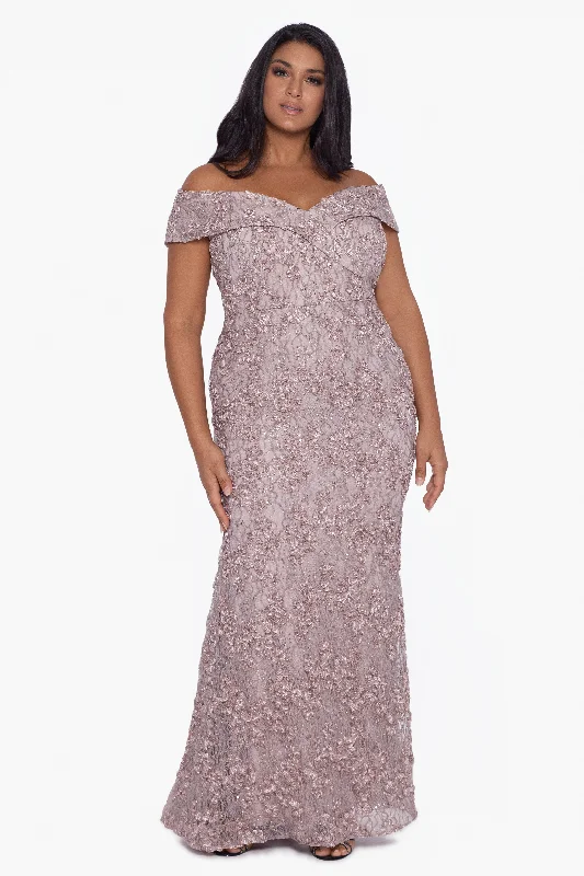 Lazy Home Plus "Jill" Off The Shoulder Long Lace Dress