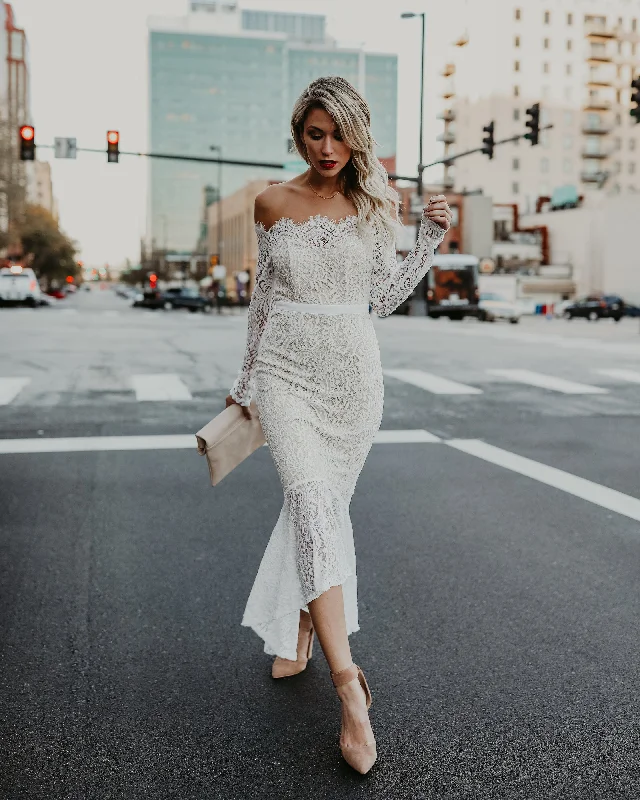 French Style Elegance Lace Trumpet Dress - White