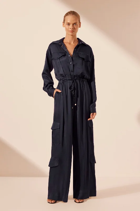 Fashionable In The Times SHAE DRAWSTRING UTILITY JUMPSUIT - AEGEAN BLUE