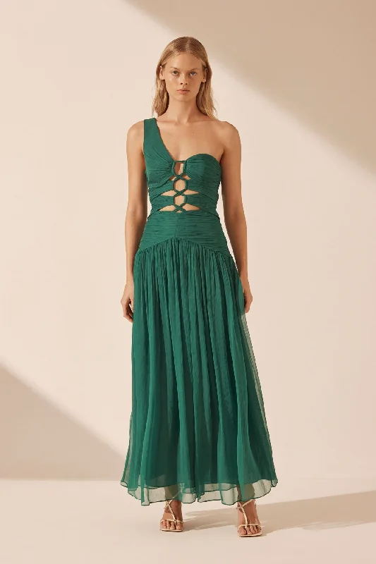 Celebrity Must-have MARGOT ONE SHOULDER LACE UP MAXI DRESS - EVERGREEN