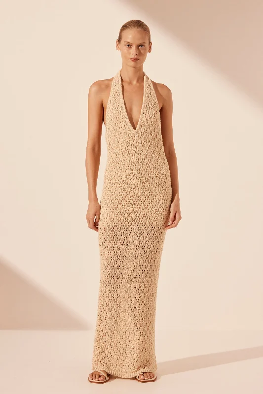 Minimal Style EMILIO HALTER OPEN BACK MAXI DRESS - OAT
