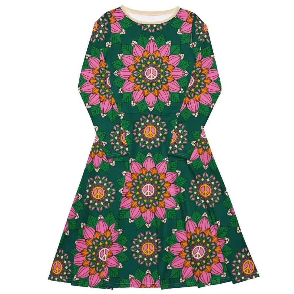 Breathable Design BLOOM WITH PEACE pink green - Midi dress with long sleeves and pockets Breathable Design BLOOM WITH PEACE pink green - Midi dress with long sleeves and pockets