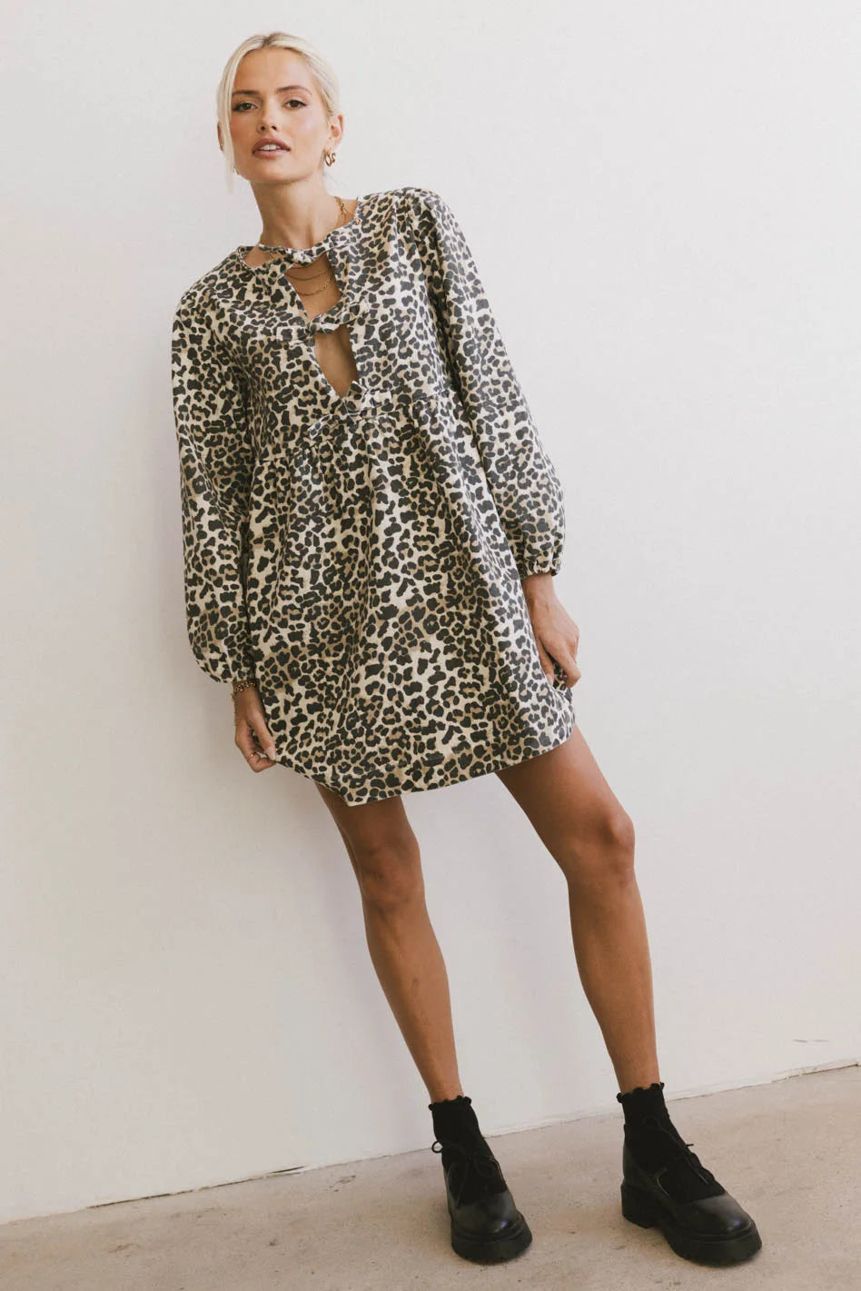 Basic Version Tyler Peplum Mini Dress in Leopard