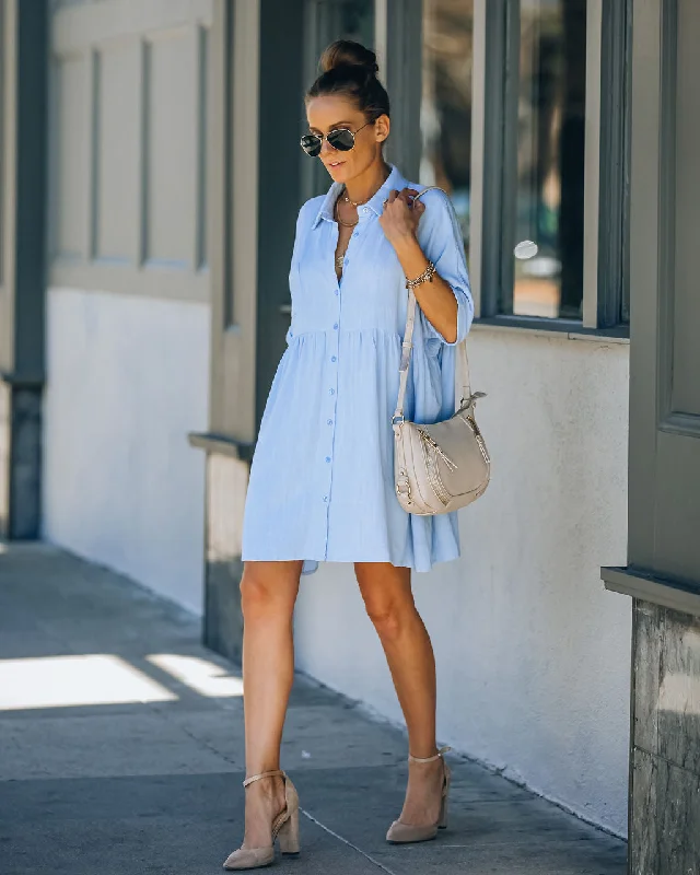 European And American Style Hails Linen Blend Button Down Shirt Dress - Baby Blue