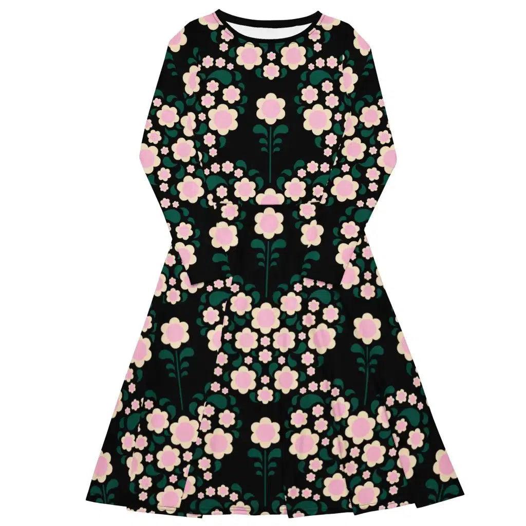 High-end Fashion HEARTBEAT pink black - Midi dress with long sleeves and pockets