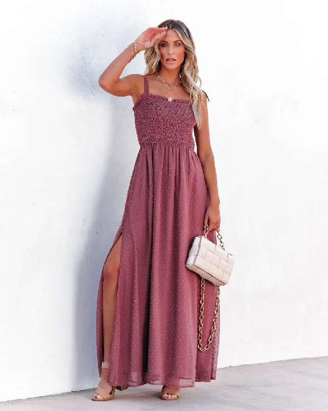 Breathable Design Hazelle Smocked Swiss Dot Maxi Dress - Dark Mauve
